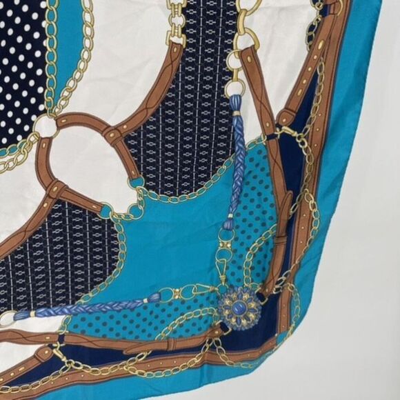Vintage Ninto 100% Silk Square Hand Rolled Scarf Equestrian Blue‎ Turquoise - Picture 10 of 12